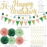 Sage Green Birthday Decorations, Banner, Pompoms, Swirls, Dots Garland, Pennant Flags