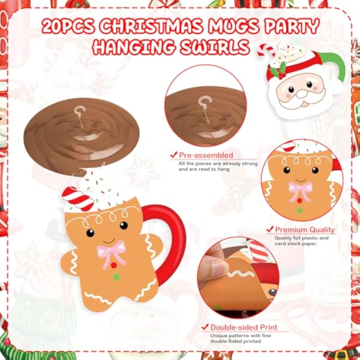 Christmas Gingerbread Mug Hanging Swirls 20pcs Snowman Santa Party Decor