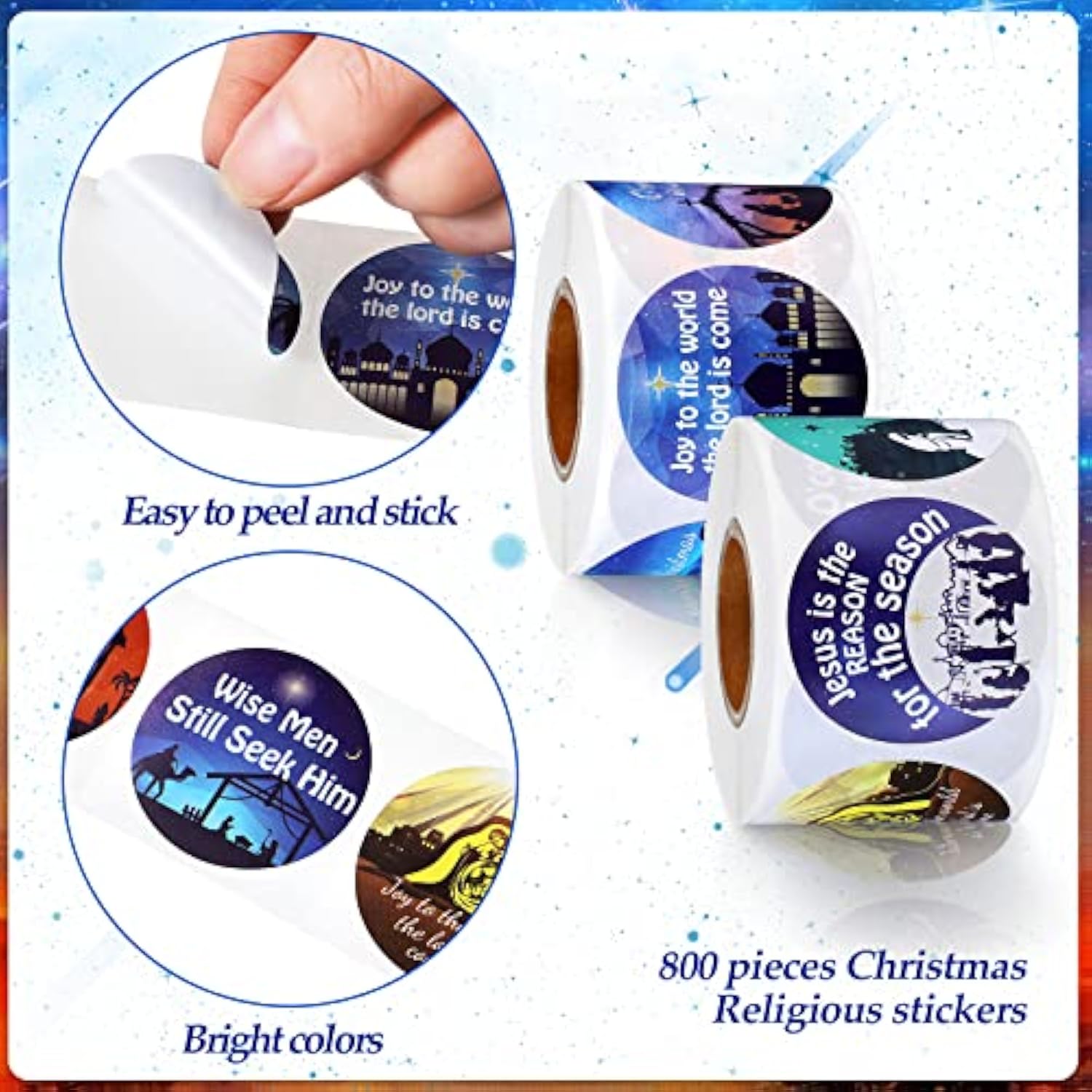 800 Pcs Christmas Religious Stickers Christmas Nativity Stickers Jesus Sticker Christian Xmas Faith Roll Sticker Labels For Kid Xmas Cards Envelopes Candy Favor Craft, 16 Designs(Classic)