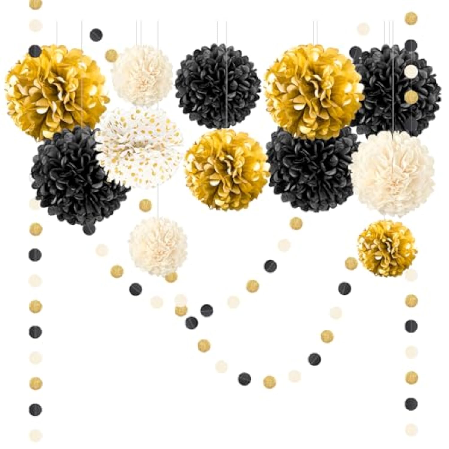 15pcs Black Gold Tissue Paper Pom Poms for 2026 New Year Party Decorations