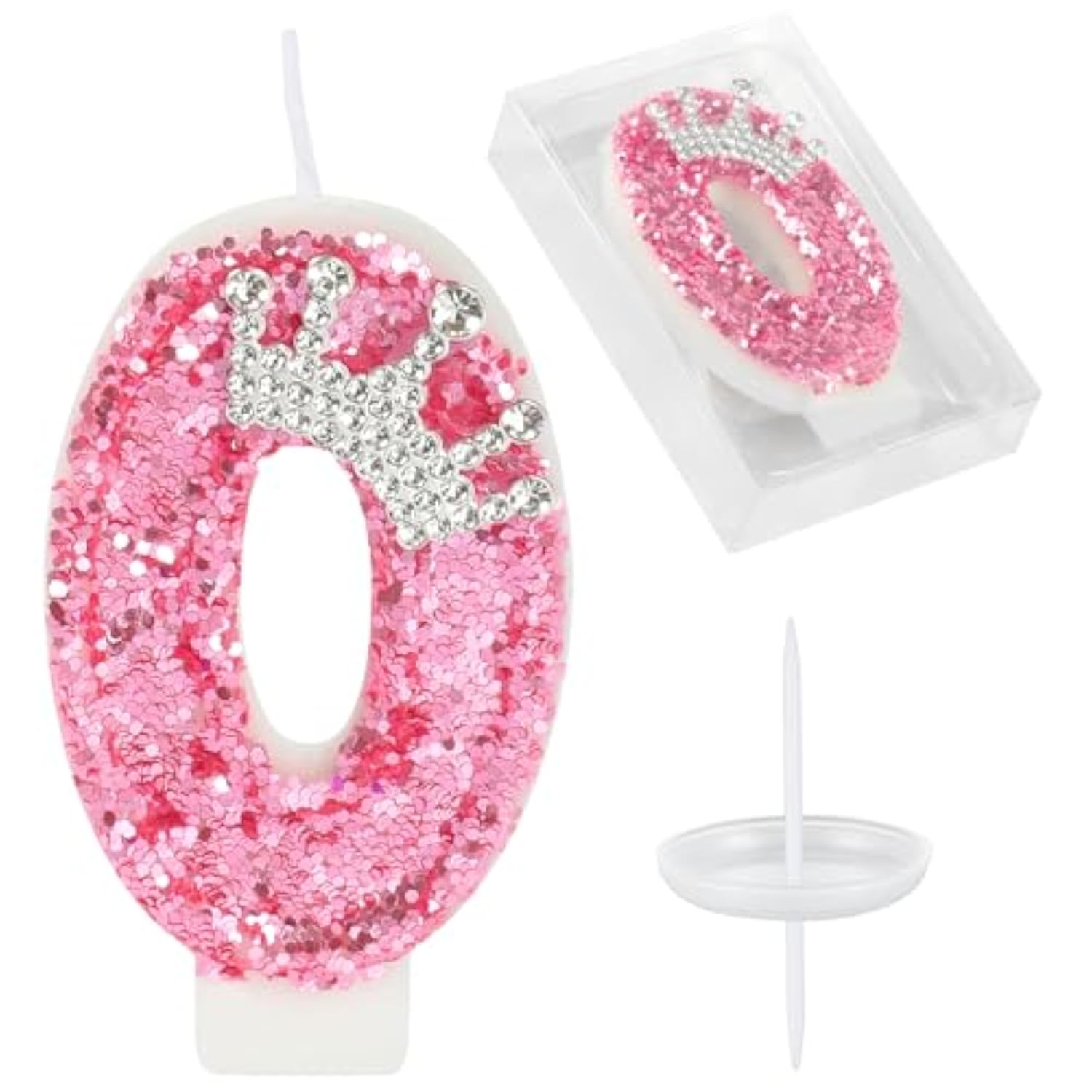 Birthday Number Candles,Pink Crown Birthday Candles For Cake,Glitter Number 0 Candle Cake Topper With Sequins For Girls,Women, Anniversary Celebrations Supplies (Pink 0)