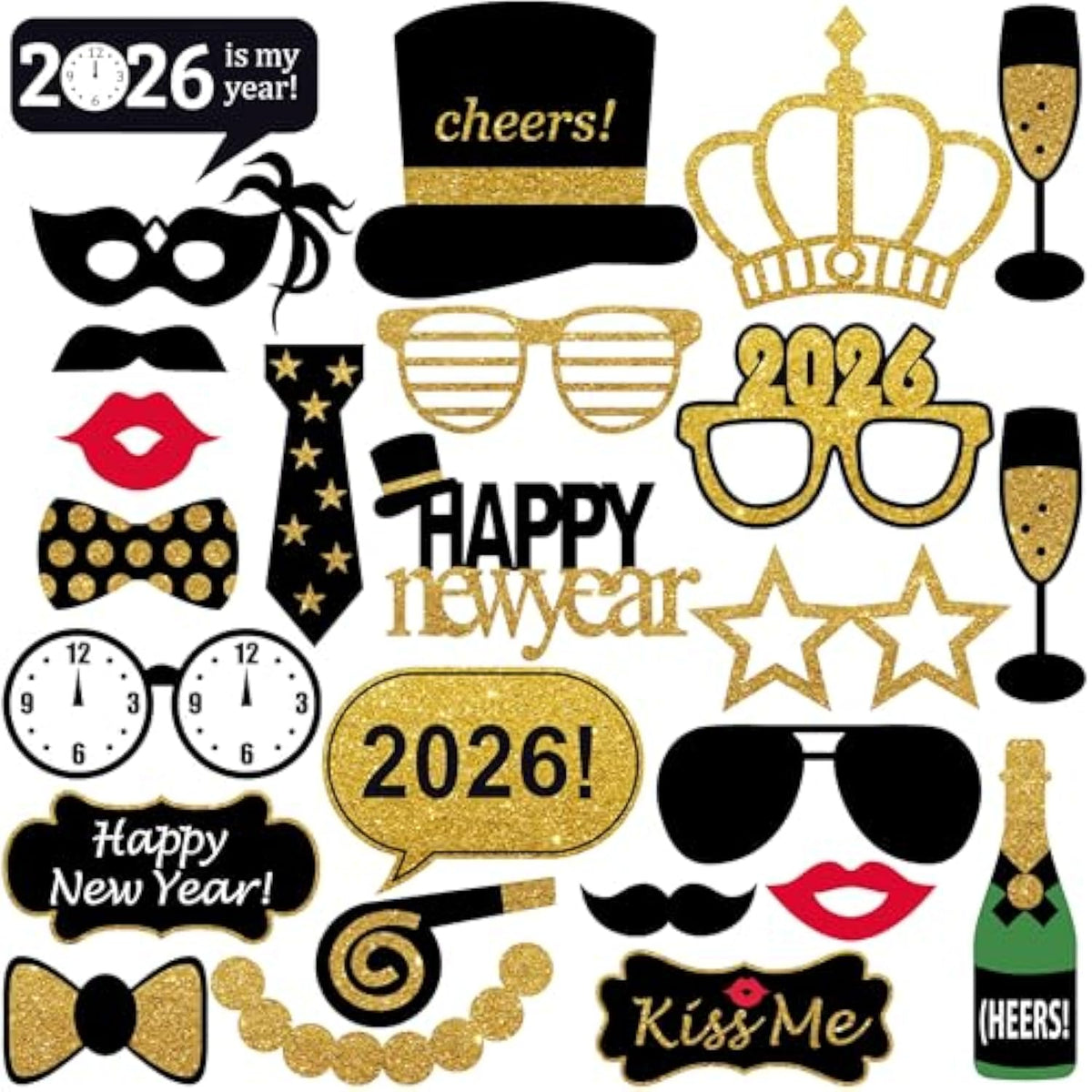 24 Pcs 2026 New Year Photo Booth Props with Glitter for Party Decorations
