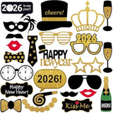24 Pcs 2026 New Year Photo Booth Props with Glitter for Party Decorations
