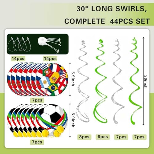 44CT Soccer Hanging Swirl for Soccer Party Supplies, Soccer Flag Hanging Swirls Theme Birthday Party Decorations