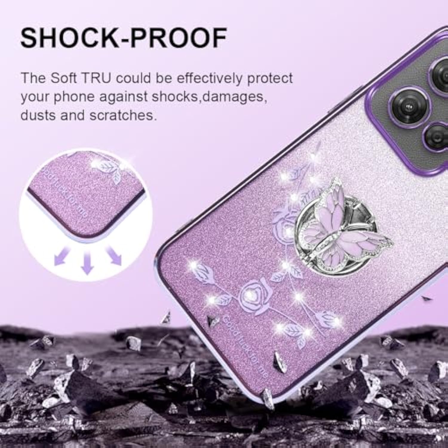 For Motorola Moto G Power 5G 2025 Phone Case,For Mobile Phone Case For Women And Girl, Glitter Butterfly Floral Tpu Protective Cover With Kickstand+Strap For Moto G Power 5G 2025 (Purple)