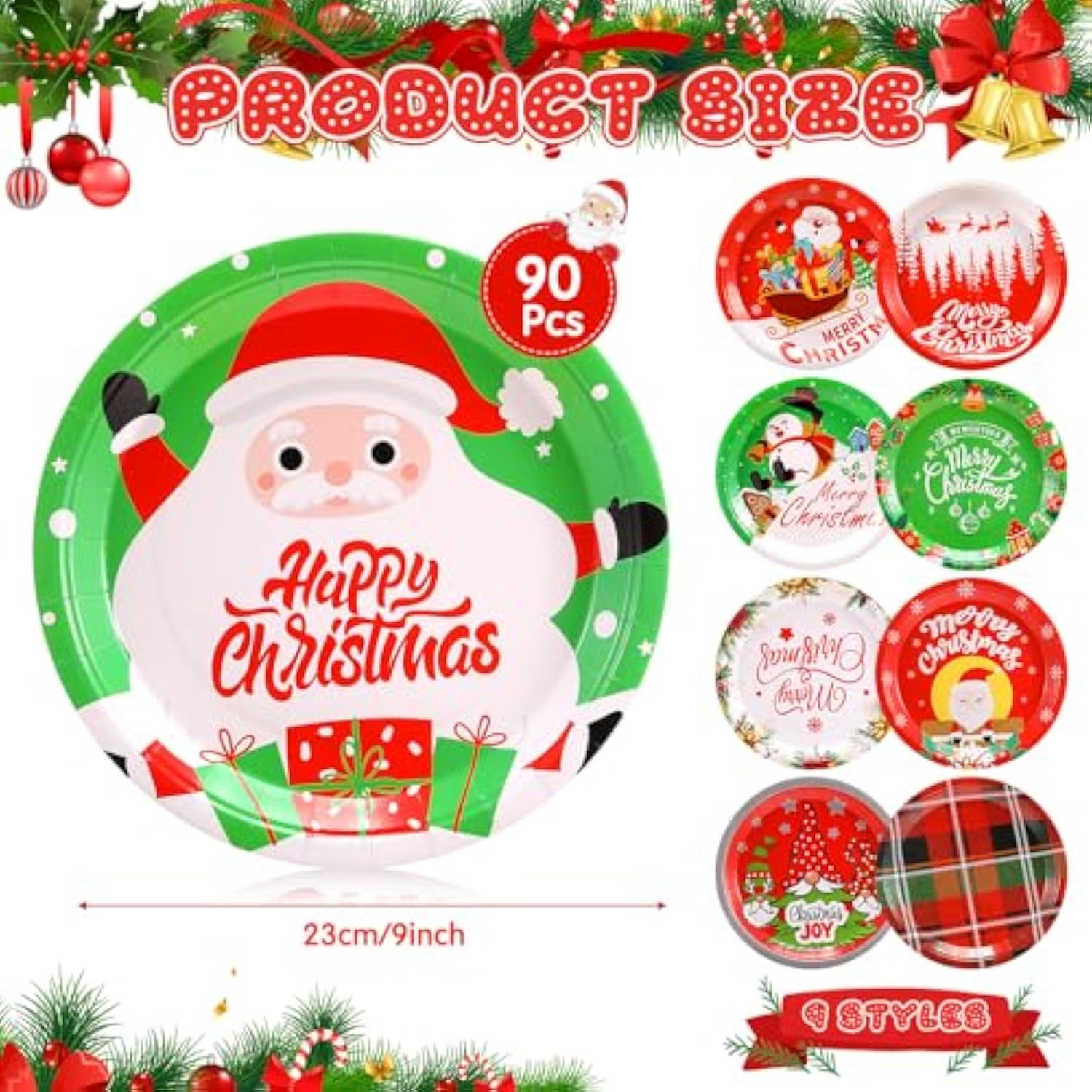 90 Pcs 9'' Christmas Paper Plates Disposable Holiday Dinner Plates Santa Xmas Decoration Merry Christmas Party Supplies Dinnerware Decoration For Winter Holiday, 9 Designs