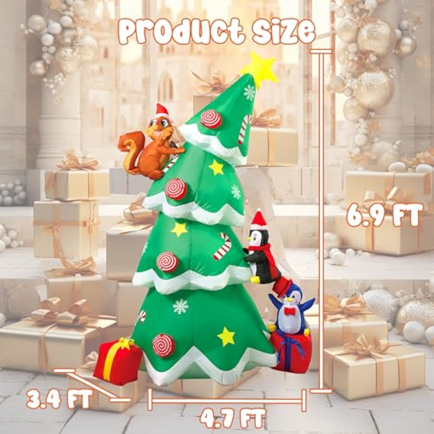 7Ft Inflatable Christmas Tree Outdoor Decorations, Blow Up Christmas Tree With Penguins, Xmas Yard Decor With Built-In L