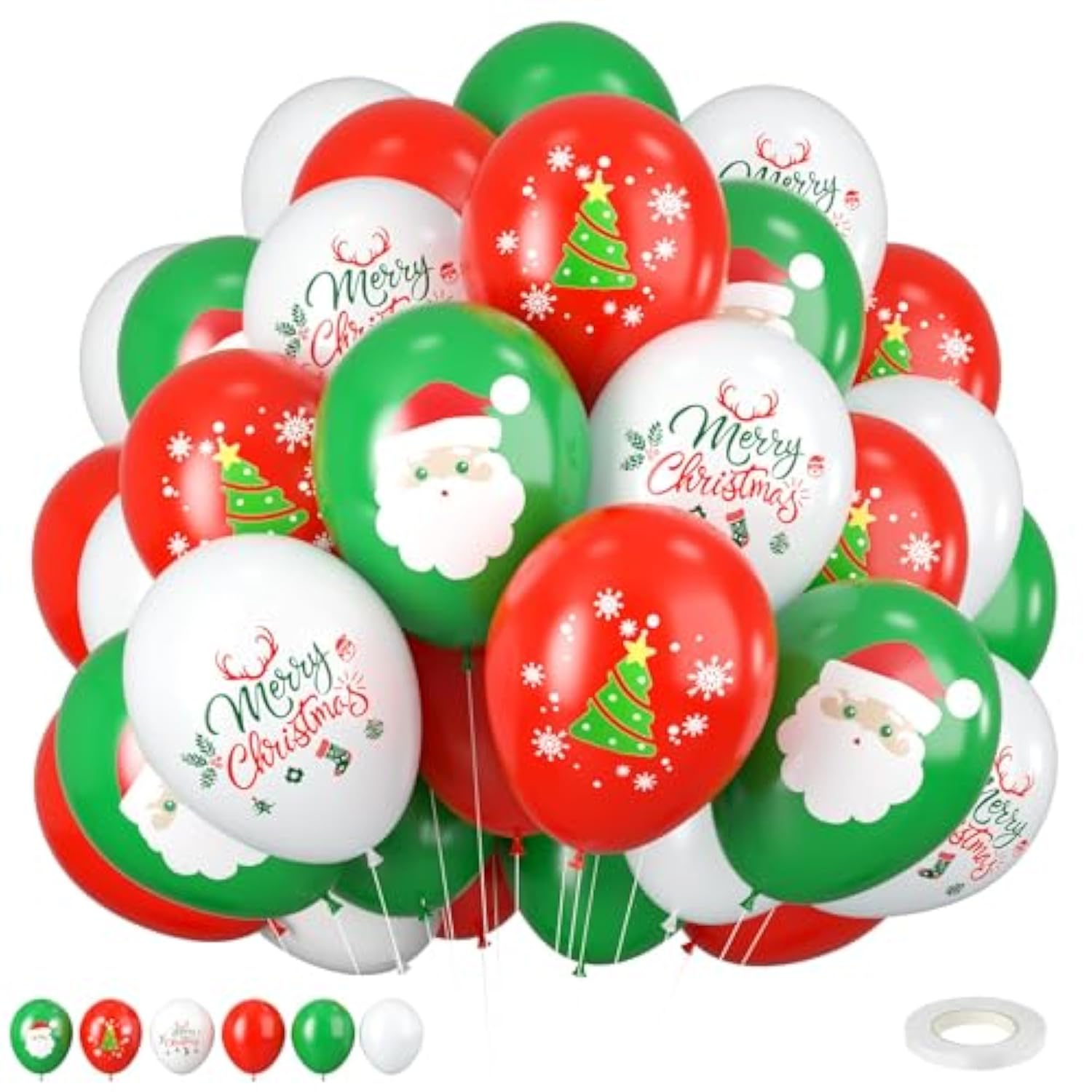 Christmas Balloons, 12 Inch Green Red White Merrychirstmas Printed Balloons Merry-Chirstmas Tree Santa For Chirstmas Party Decorations Celebration Party Balloons With Ribbon