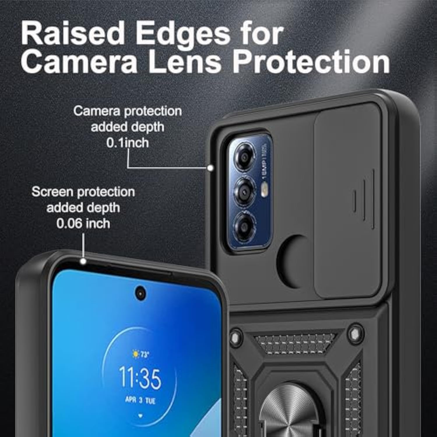 For Moto G Play 2023 Case, With Tempered Glass Screen Protector [2 Pcs] & Slide Camera Cover, 360°Rotation Ring Kickstand [Military Grade] Case. (Black)