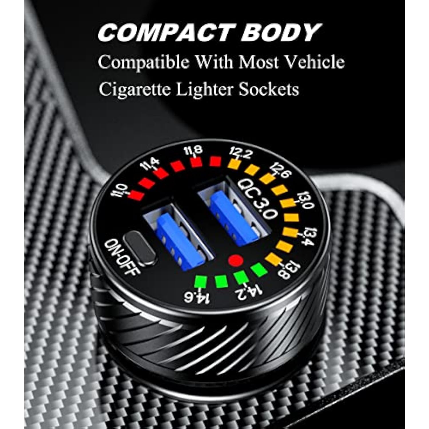 Car Charger, Dual Qc3.0 Port Usb Car Phone Charger Adapter, 36W 3A Fast Charge With Colorful Voltmeter & On/Off Switch