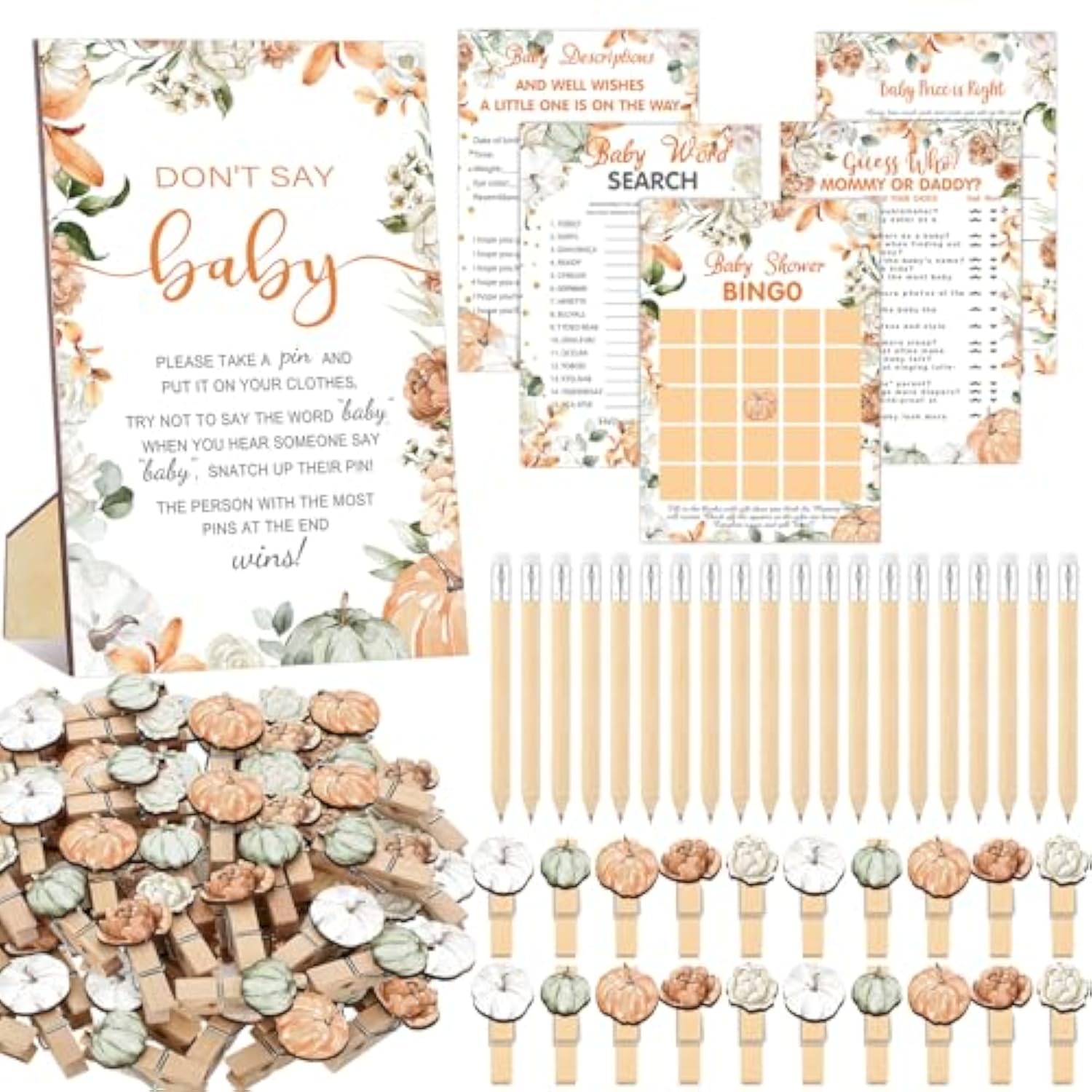 321 Pcs Little Pumpkin Baby Shower Game Supply For Girl Or Boy 5 Set Include 50 Activity Card 20 Pencil 1 Don'T Say Baby Sign 50 Clothespin For Price Is Right Prediction Bingo Game Party Decor