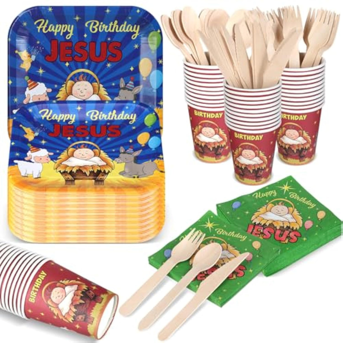 108 Pcs Happy Birthday Jesus Tableware Set Include Disposable Jesus Plates Napkins Knives Spoons Forks And Christian Jesus Cups Christmas Dinnerware For Nativity Holiday Party Supplies