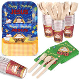 108 Pcs Happy Birthday Jesus Tableware Set Include Disposable Jesus Plates Napkins Knives Spoons Forks And Christian Jesus Cups Christmas Dinnerware For Nativity Holiday Party Supplies