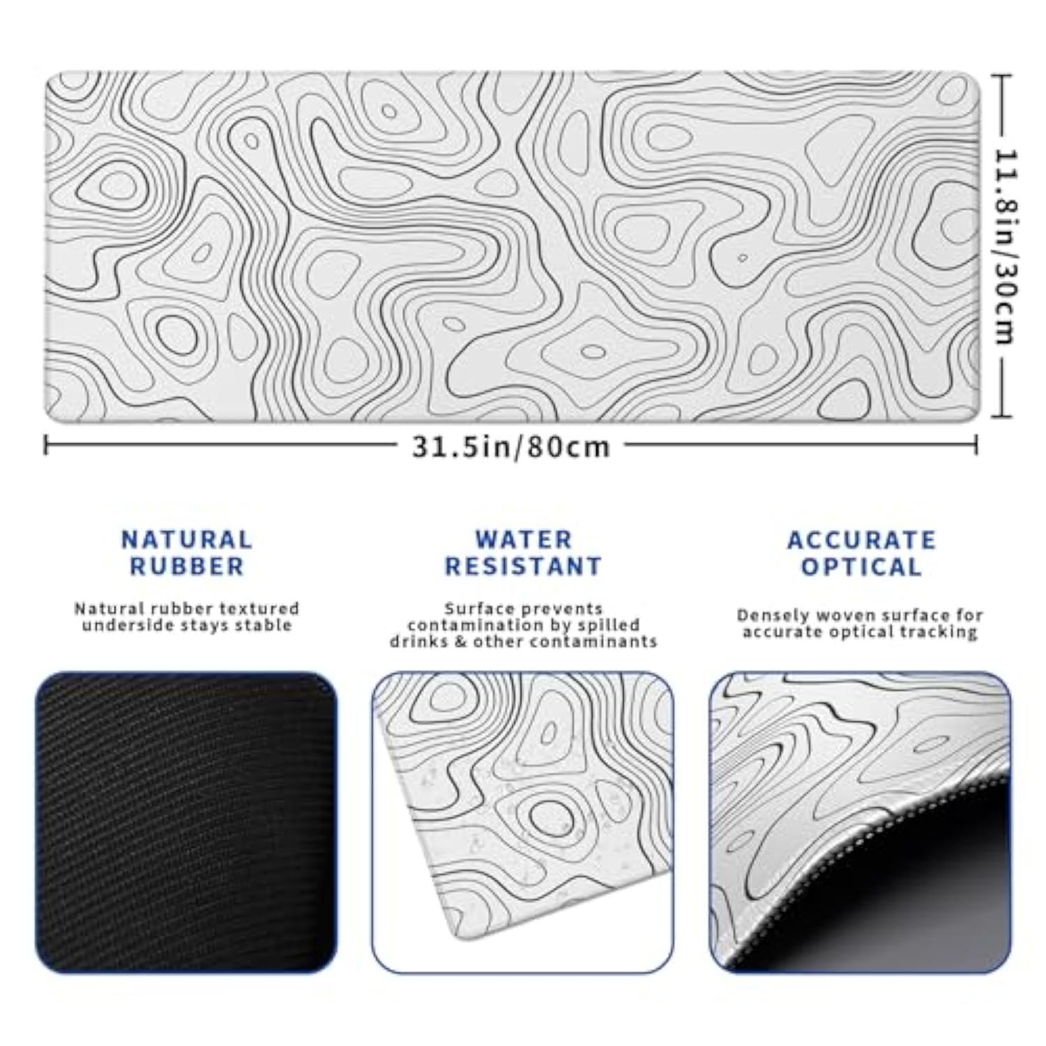 Topographic Contour Gaming Mouse Pad White Large Mouse Pad For Keyboard And Mousepad Desk Mat With 3Mm Non-Slip Base And Stitched Edge For Gaming And Office Computer Mat Protector Mat 31.5X11.8 Inch