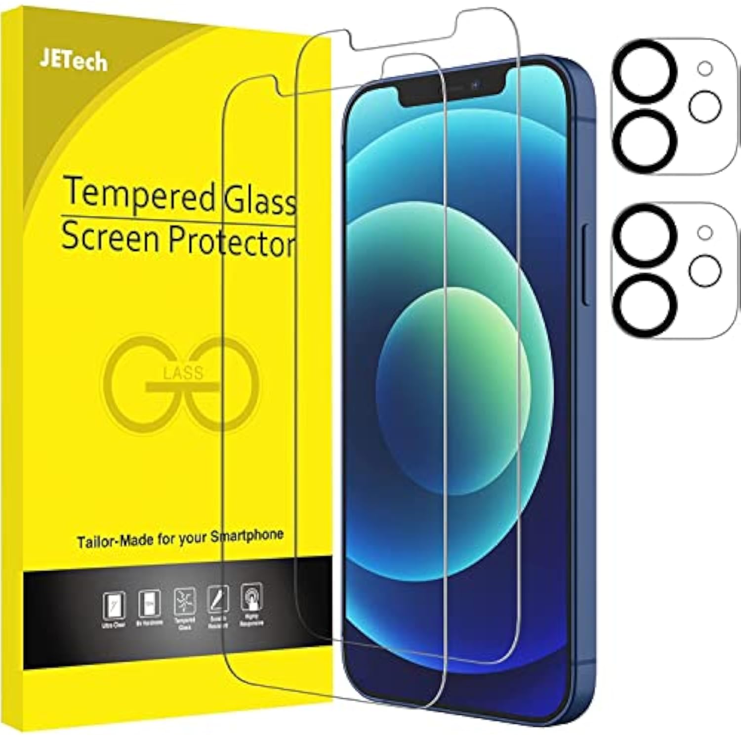 JETech Screen Protector for iPhone 12 6.1-Inch with Camera Lens Protector, Tempered Glass Film, 2-Pack Each