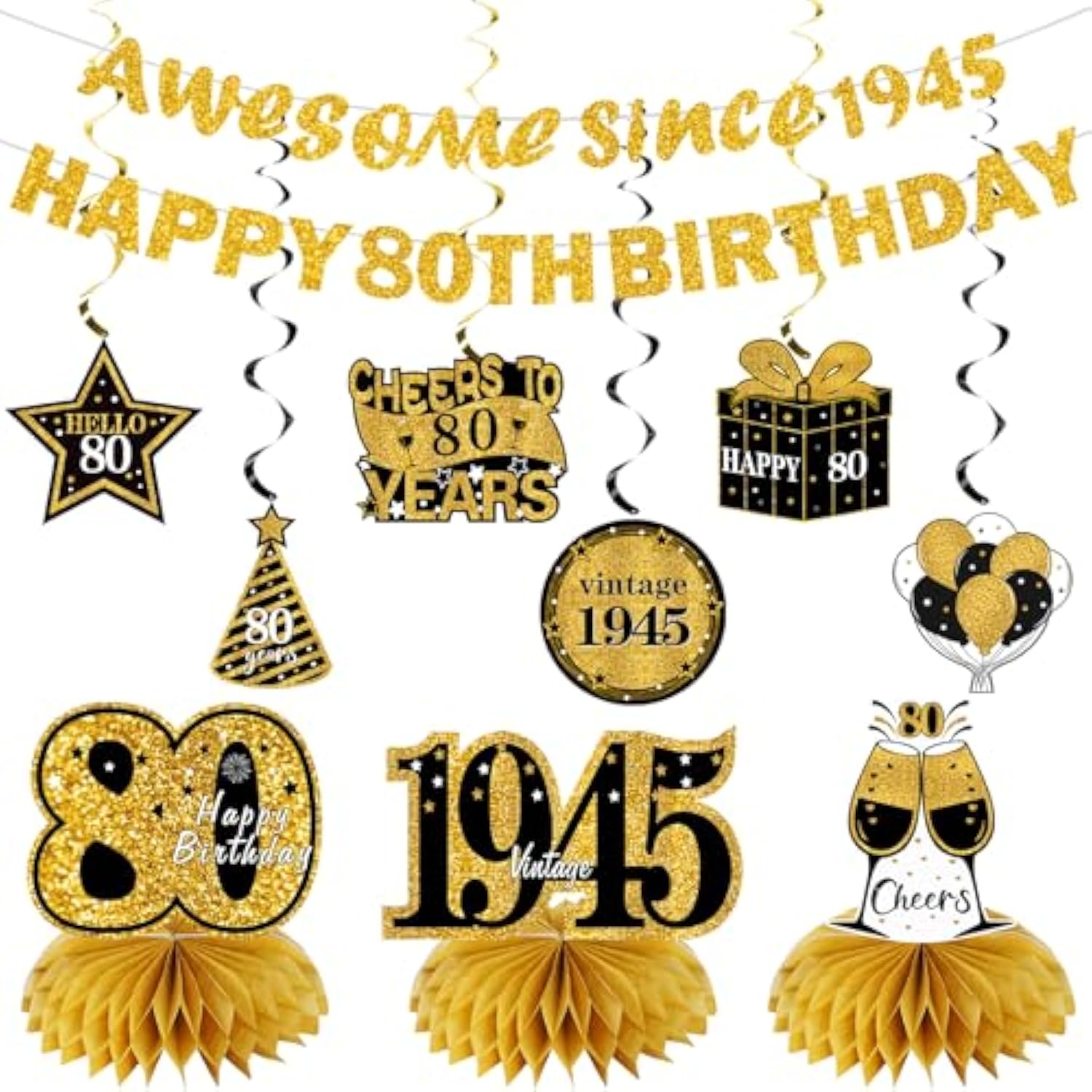 11 Pcs 80th Birthday Kit Black & Gold Banner, Centerpieces & Swirls for Men/Women