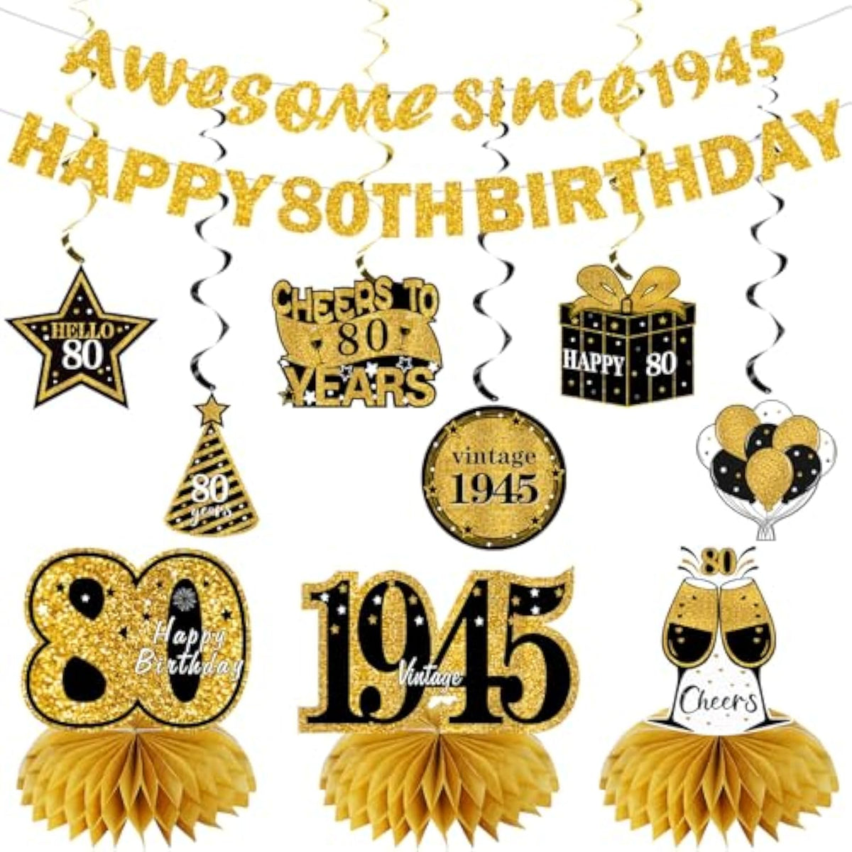 11 Pcs 80th Birthday Kit Black & Gold Banner, Centerpieces & Swirls for Men/Women