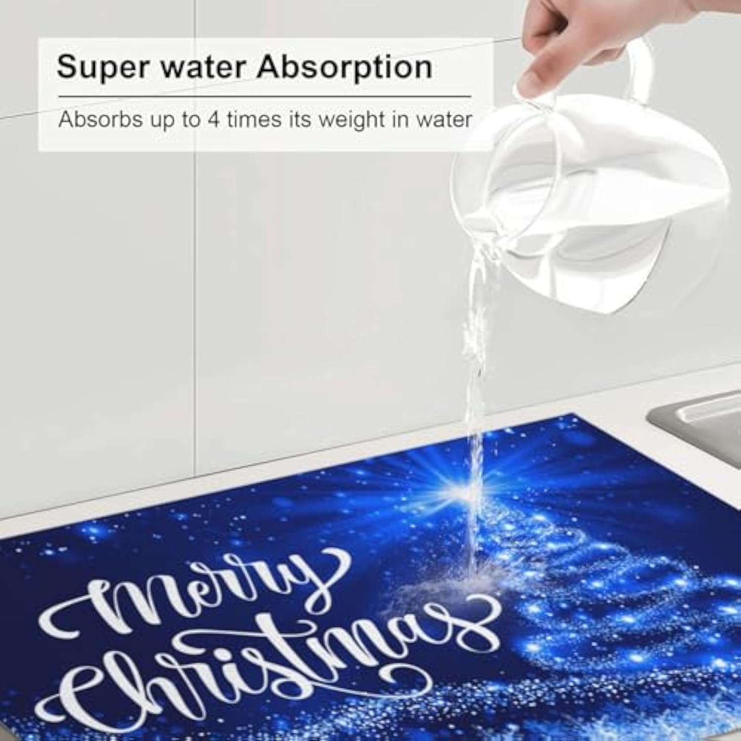 Dish Drying Mat Merry Christmas Blue Snow Tree For Kitchen Counter Absorbent 18X24 Inch Microfiber Dishes Plate Glass Dry Draining Pad Reversible Washable