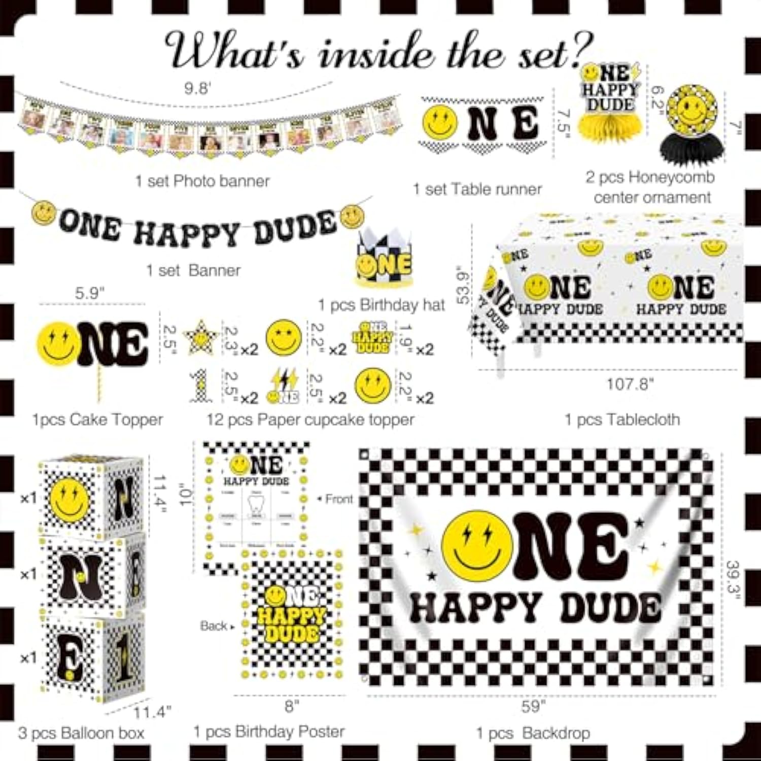 One Happy Dude Birthday Decorations, All-In-One 1St Supplies Decorations Boy, One Happy Dude Theme First Bday Supplies For Boy, Black And Yellow 1 Year Old Birthday Decorations