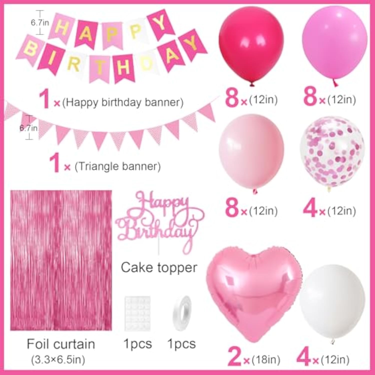 37pcs Hot Pink Birthday Kit with Banner, Fringe Curtain & Heart Foil Balloons