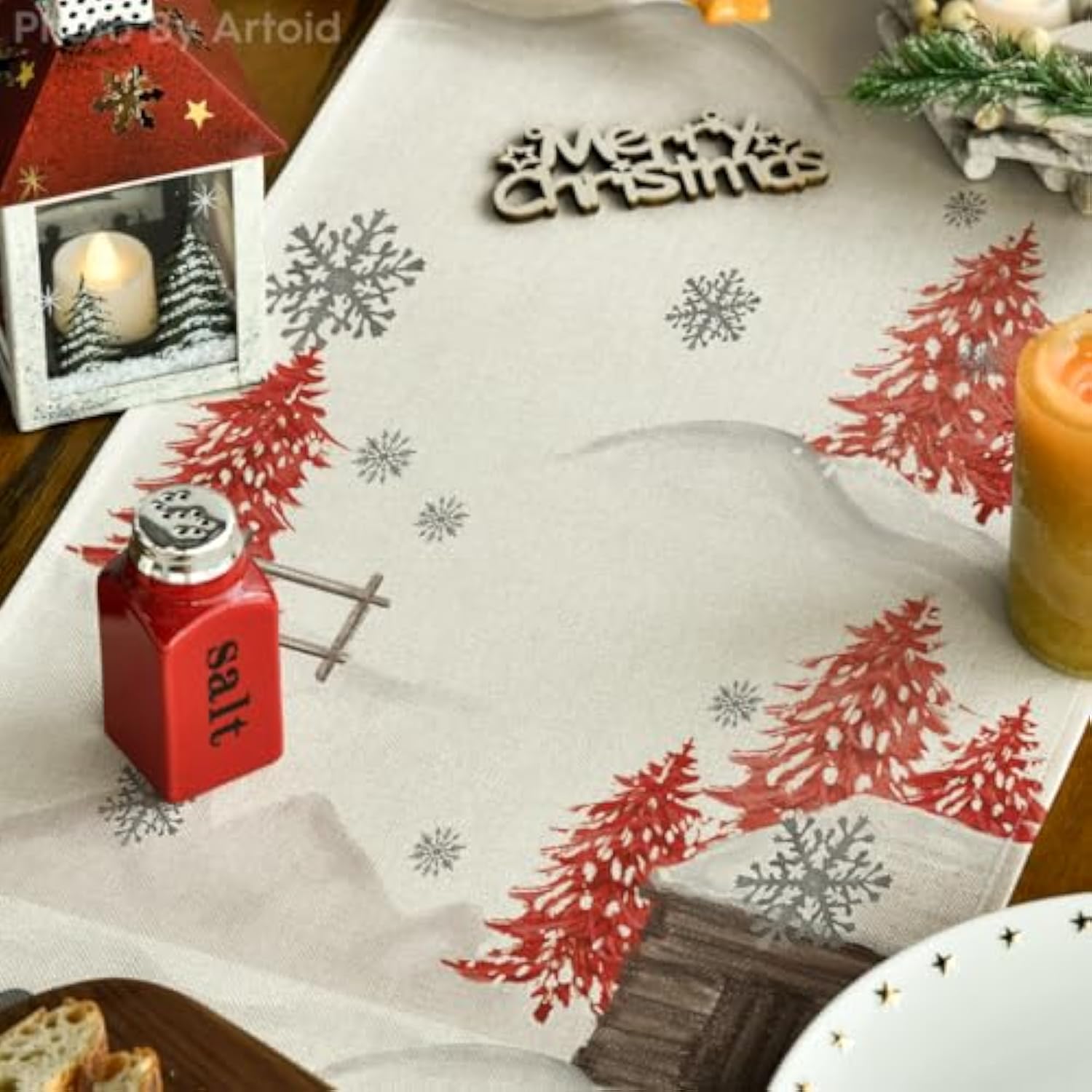 Xmas Trees Let It Snow Red Snowman Christmas Table Runner, Seasonal Winter Holiday Kitchen Dining Table Decoration For Home Party Decor 13X72 Inch