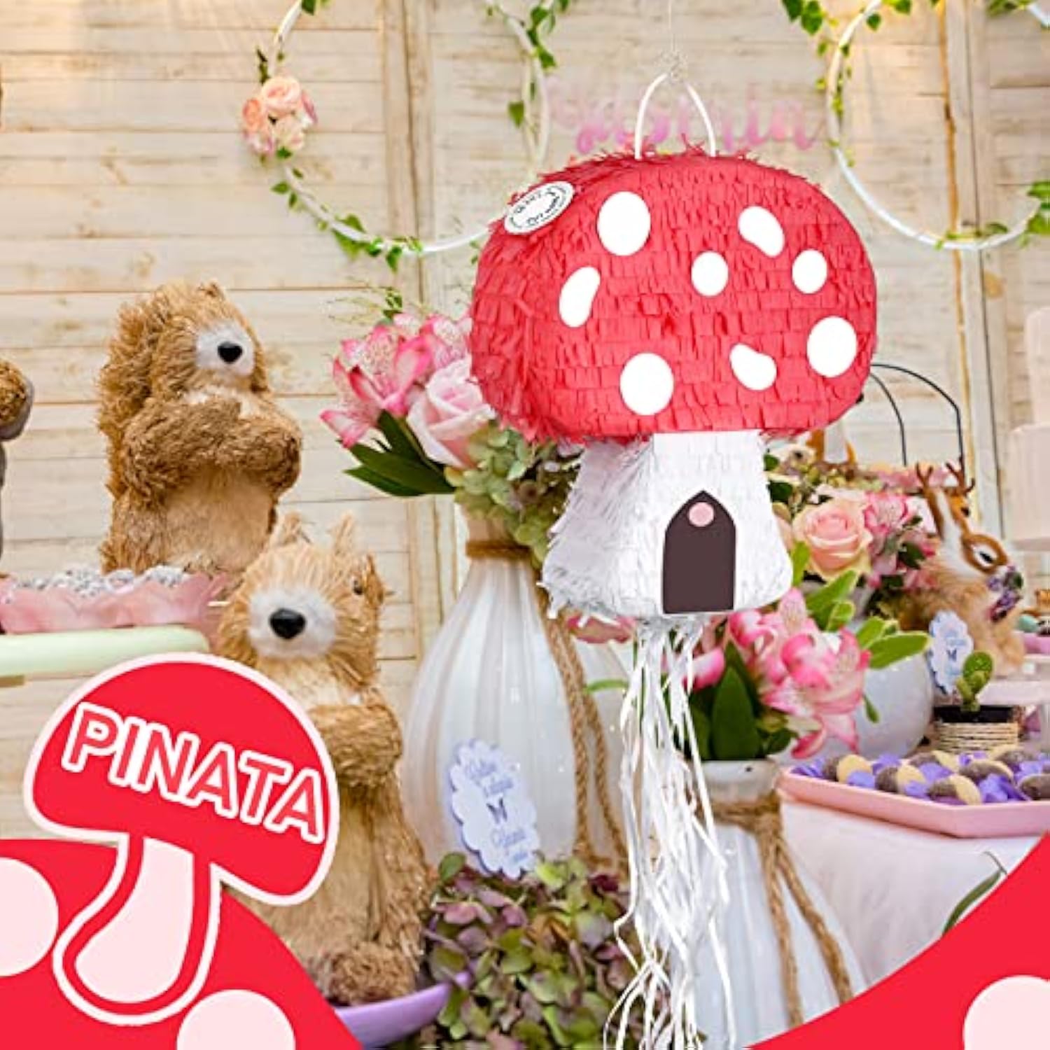 Mushroom Pinata With Stick And Blindfold, Paper, Baby Shower, Fantasy Theme Decoration
