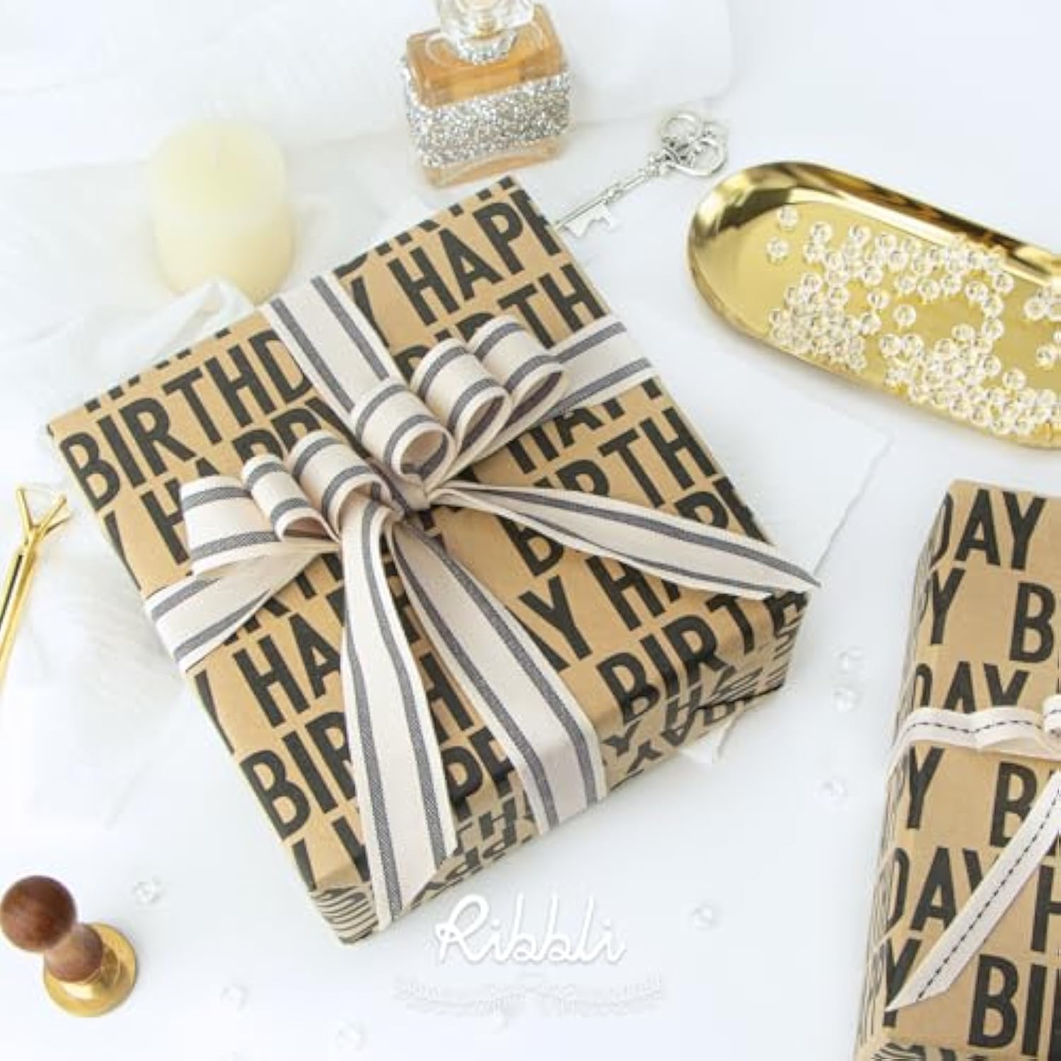 Vintage Birthday Kraft Wrapping Paper - 17" x 33' - Brown with Black Pattern