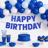 Pre-Strung Happy Birthday Banner - No Diy - Blue Glitter Happy Birthday Party Banner For Men Woman Boys Girls - Pre-Strung On 8 Ft Strands - Blue Bday Party Decorations & Decor. Did We Mention No Diy