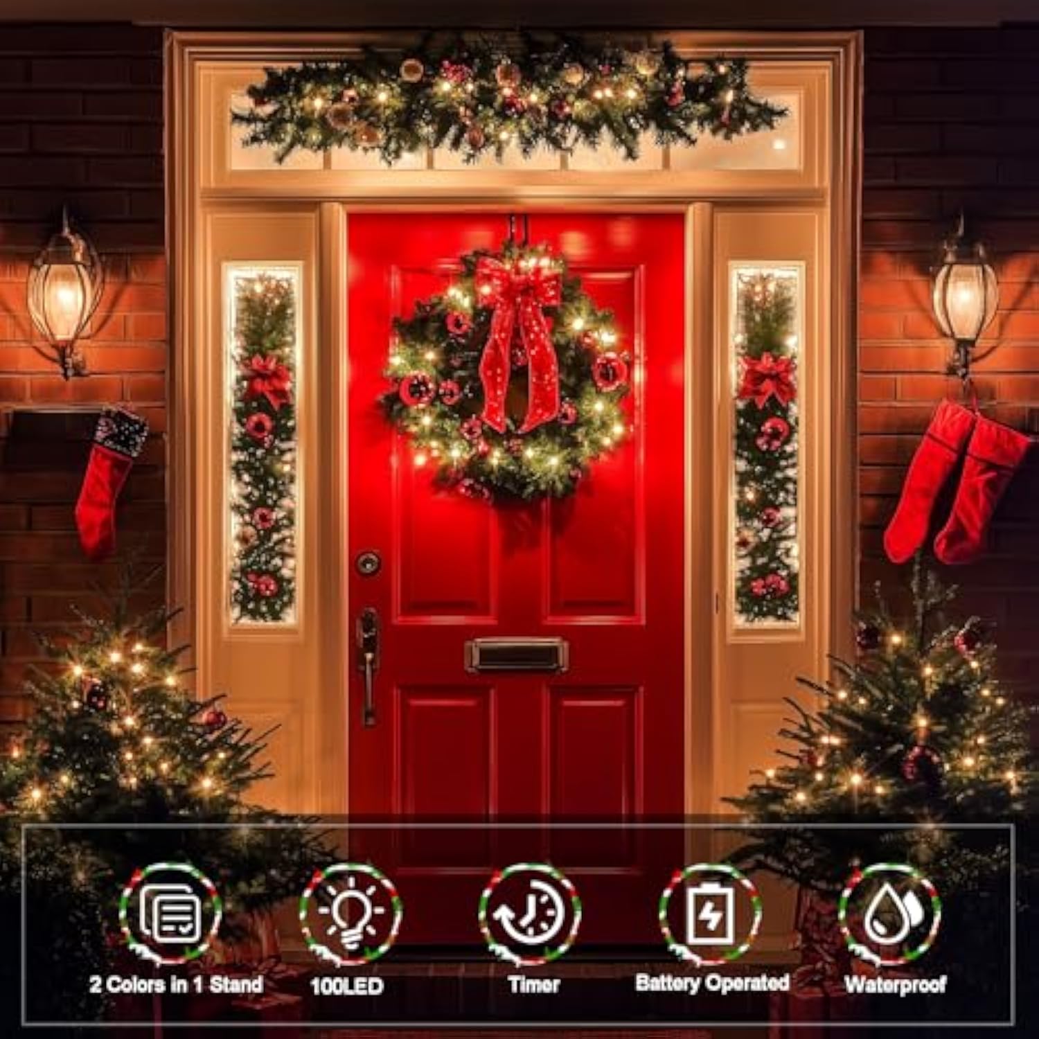 Red White Green Christmas String Lights Battery Operated, 100 Led Dual Color Changing Fairy Lights 33Ft With Remote Time