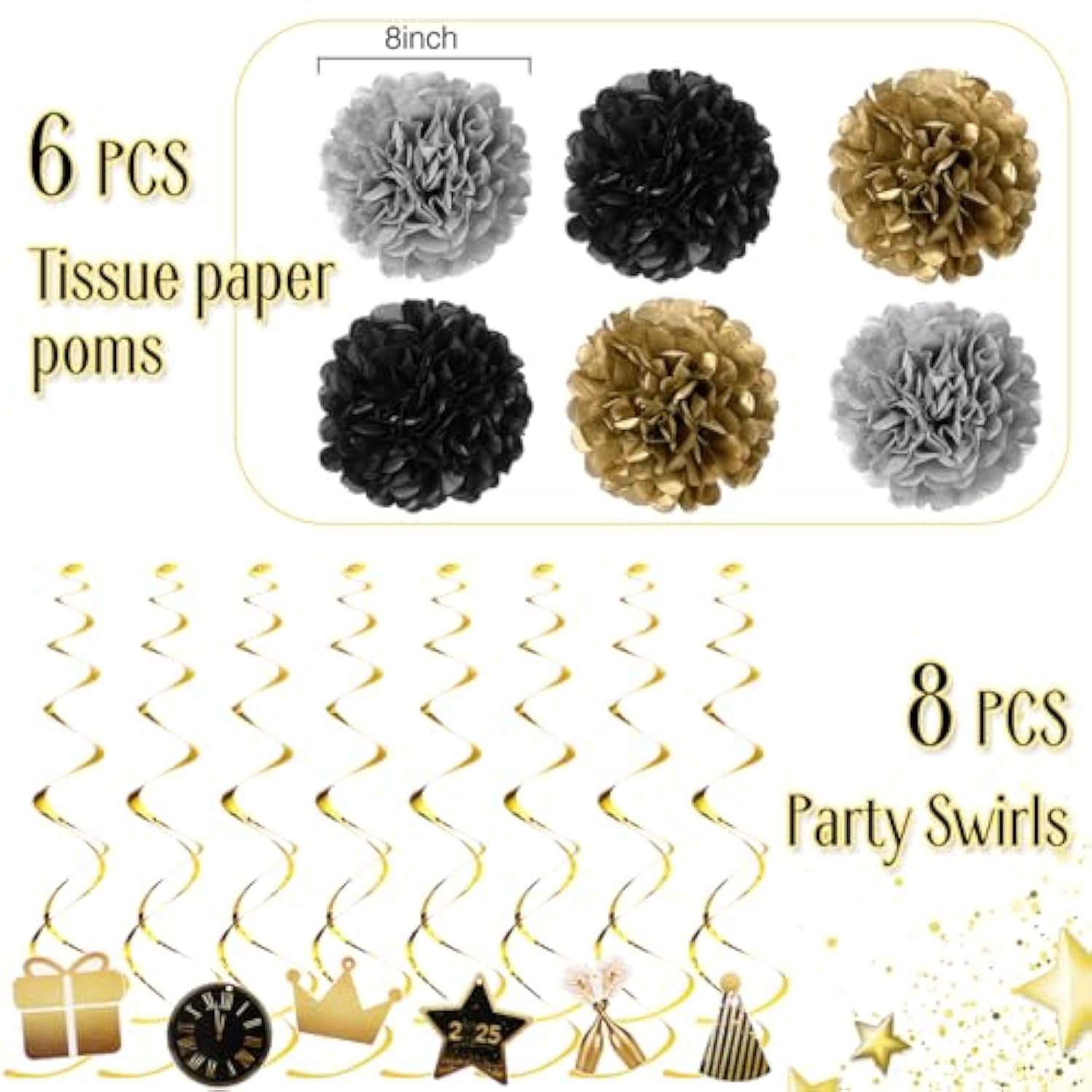 2026 Happy New Year Gold Black Banner with Flowers Flags and Streamers
