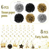 2026 Happy New Year Gold Black Banner with Flowers Flags and Streamers