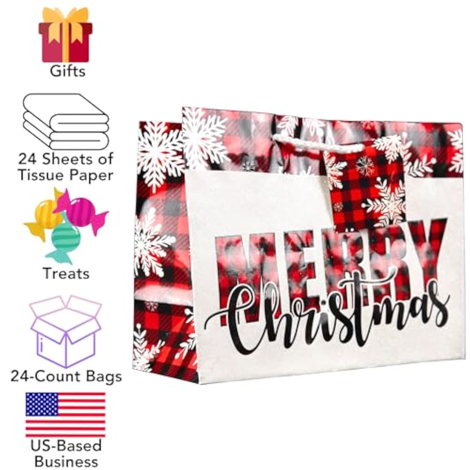 Medium Gift Bags With Tissue Paper For Christmas 24-Pack Fun Bright Designs Merry Christmas, Joy, Holidays