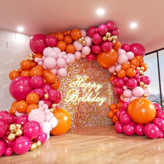 Pink And Orange Balloon Arch Kit, 161Pcs Hot Pink Orange Metallic Gold Latex Balloon Garland Kit, 18 12 10 5 Inch Different Size Balloons For Birthday Baby Shower Wedding Party Decorations