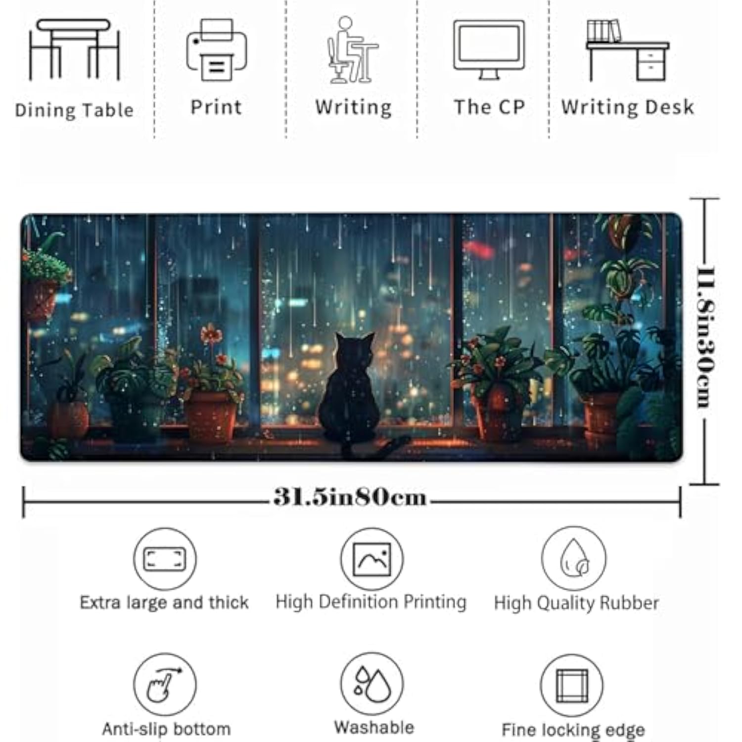 Black Cat Mouse Pad?Green Plants Gaming Keyboard Mat?Laptop Computer Protector With Non-Slip Rubber Base?Large Extended Mousepads Gifts For Desk Office Home?Deskmat Decor 31.5" X 11.8"