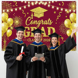 Red Gold Class of 2026 Graduation Backdrop Party Decorations, 71×43'' Congrats Grad Banner Decor, High School College Graduation Party Supplies & Photo Props