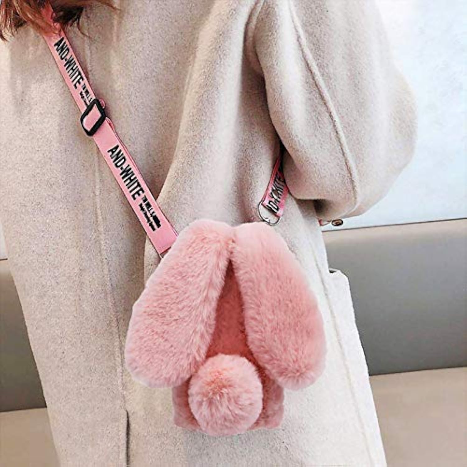 Rabbit Ear Case For Samsung Galaxy A15 5G, Crossbody Strap Plush Ball Bunny Fur Case, Pink