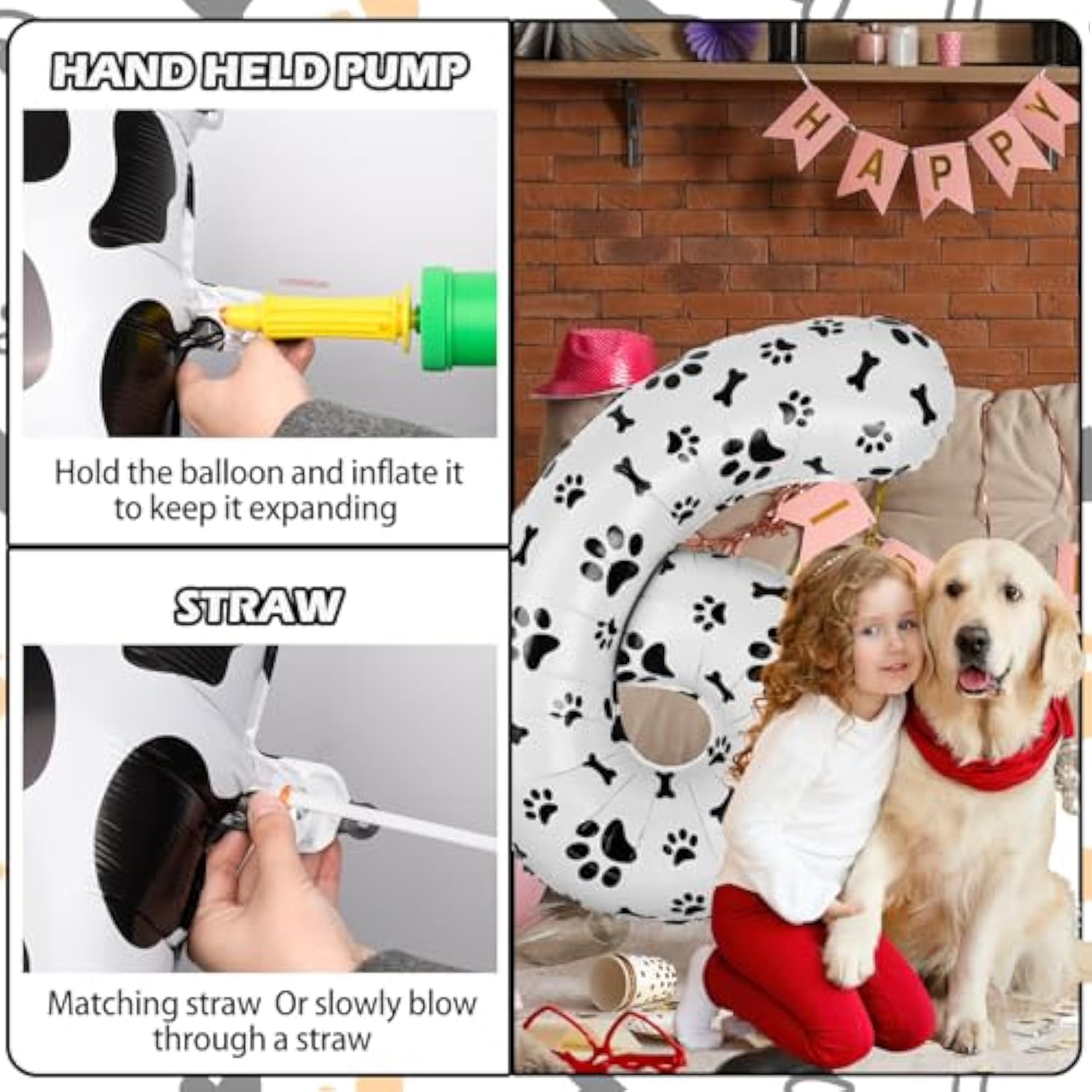 40 Inch Dog Foil Birthday Balloons,Black White Dog Paw And Bone Print Number 6 Balloons For Girls Boys 6Th Birthday Party Decorations (Number 6