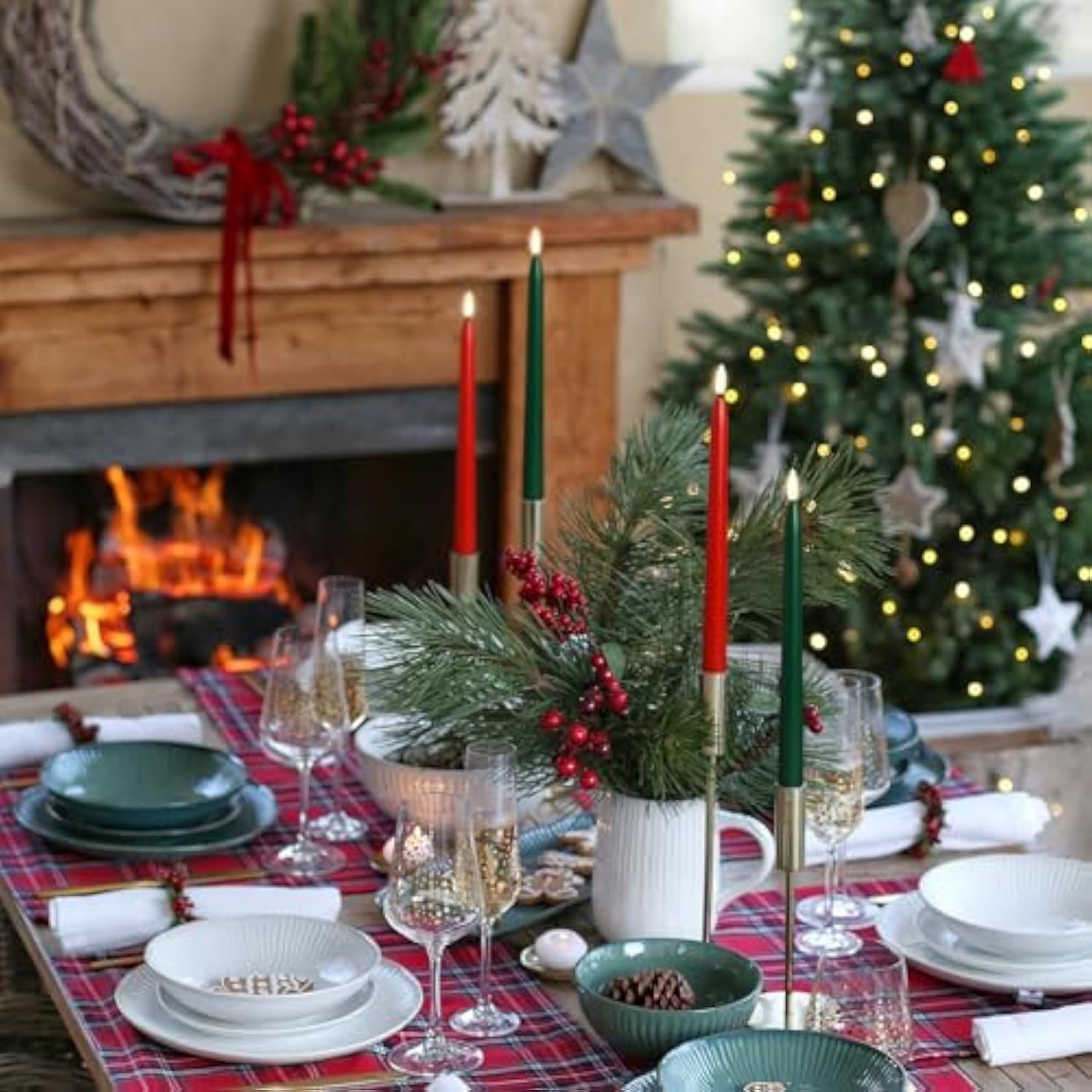 Green And Red Flameless Taper Candles With Remote Control - 11 Inch Led Candlesticks Battery Operated, Realistic 3D Flame With Wick, Timer, 6 Pack Holiday Candles Christmas Decor