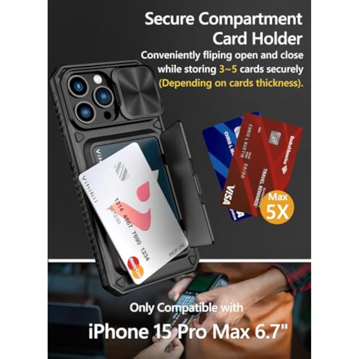iPhone 15 Pro Max Case with Wallet and 4-Card Holder, Black