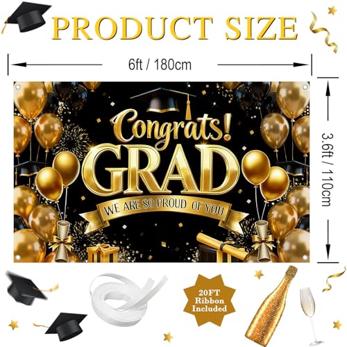 Graduation Banner Gold and Black Congratulations Class of 2026 Backdrop Graduation Party Decorations Photo Booth Props (6x3.6ft)
