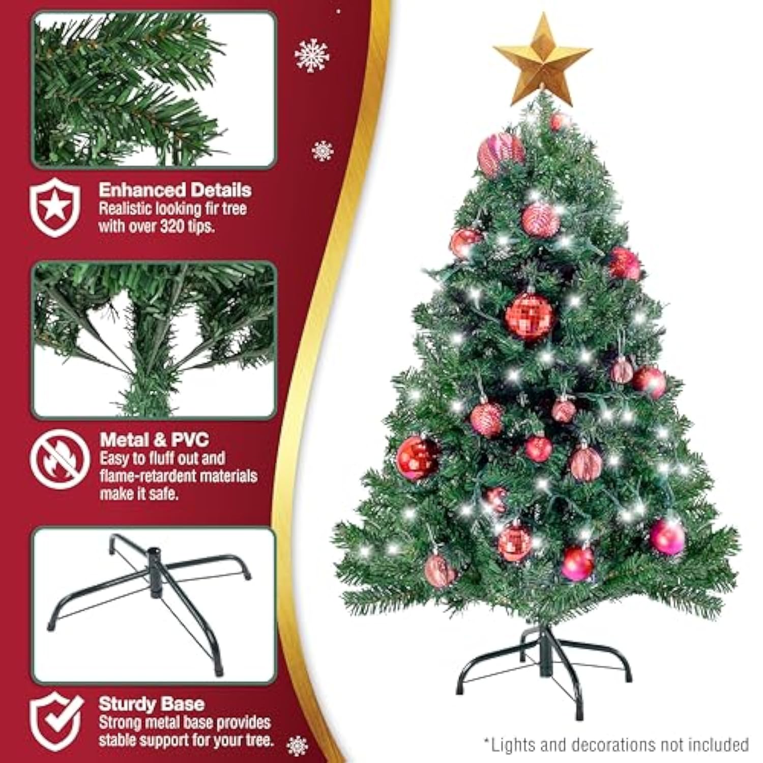 4Ft Green Christmas Tree - Premium Hinged Artificial Small Christmas Tree, Canadian Fir Full Bodied 4 Feet Tree With 320 Tips, Lightweight And Easy To Assemble Holiday Décor Tree With Metal Stand