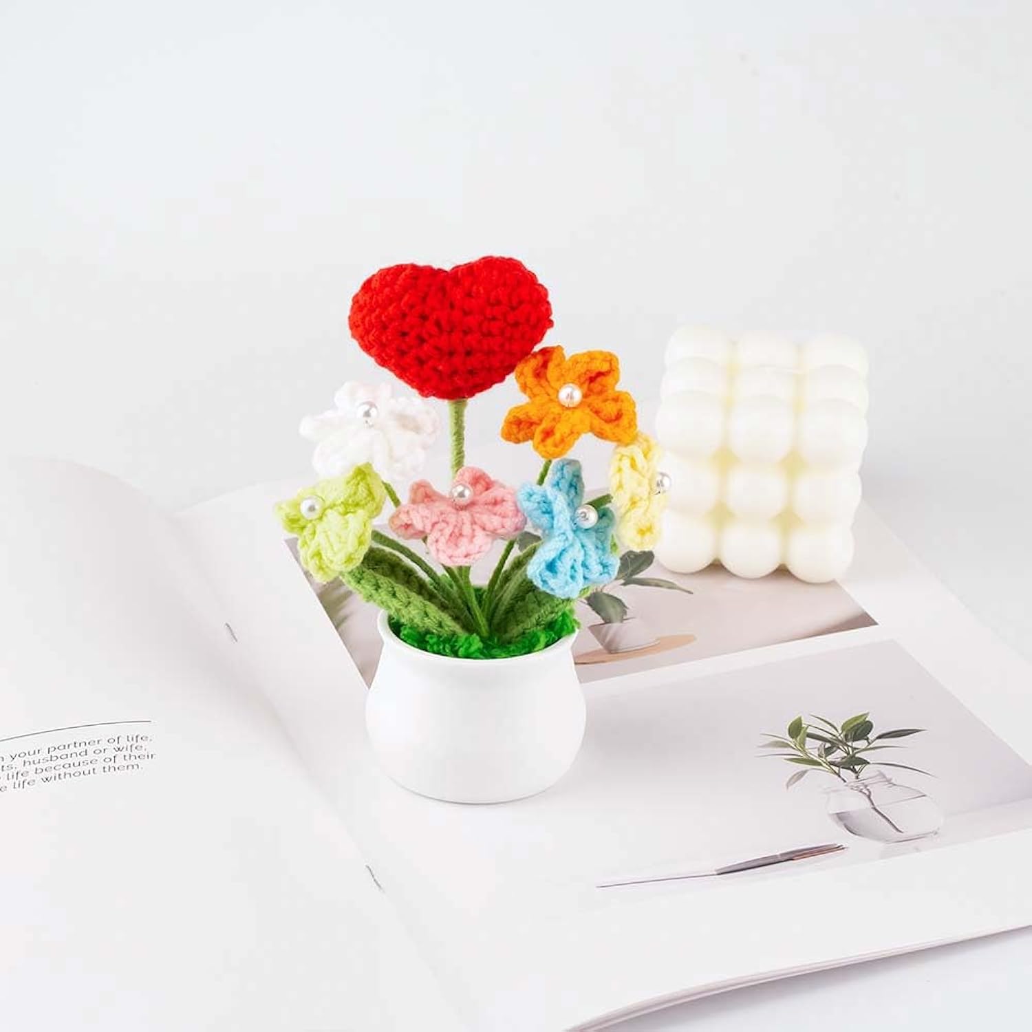 Knitting Crochet Flowers Potted Plants, Fake Forget Me Not Flowers And Knitted Heart For Friends, Family And Lover, Artificial Handmade Flowers For Birthday Valentine'S And Home Decor (Red)