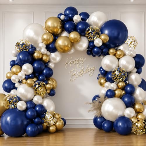 Navy Blue Gold White Balloon Arch Kit 129 Pcs Double Stuffed