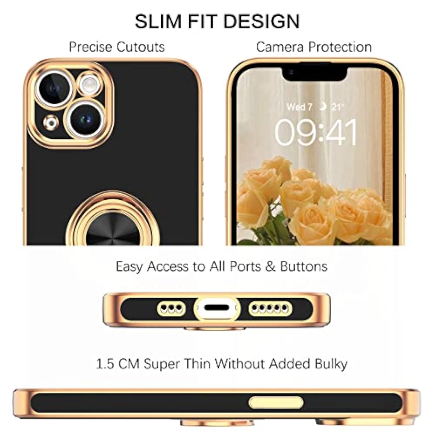 Iphone 14 Case,Phone Case For Iphone 14,Slim Fit Soft 360° Ring Holder Kickstand Magnetic Car Mount Supported Easy Clean Shockproof Protective Cover For Apple Iphone 14 6.1" 2022, Black/Golden