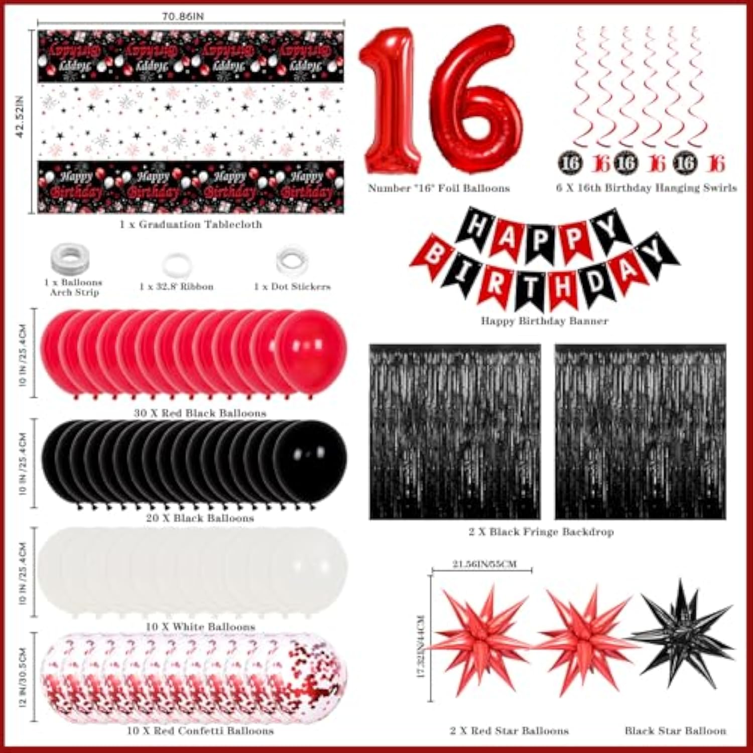 16Th Birthday Decorations For Boys & Girls, 84 Pcs Red Black 16Th Party Decorations, Birthday Party Supplie With Banner, Fringe Backdrop, Foil Star Balloons, Hanging Swirls, Tablecloth Garland Arch
