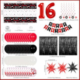 16Th Birthday Decorations For Boys & Girls, 84 Pcs Red Black 16Th Party Decorations, Birthday Party Supplie With Banner, Fringe Backdrop, Foil Star Balloons, Hanging Swirls, Tablecloth Garland Arch