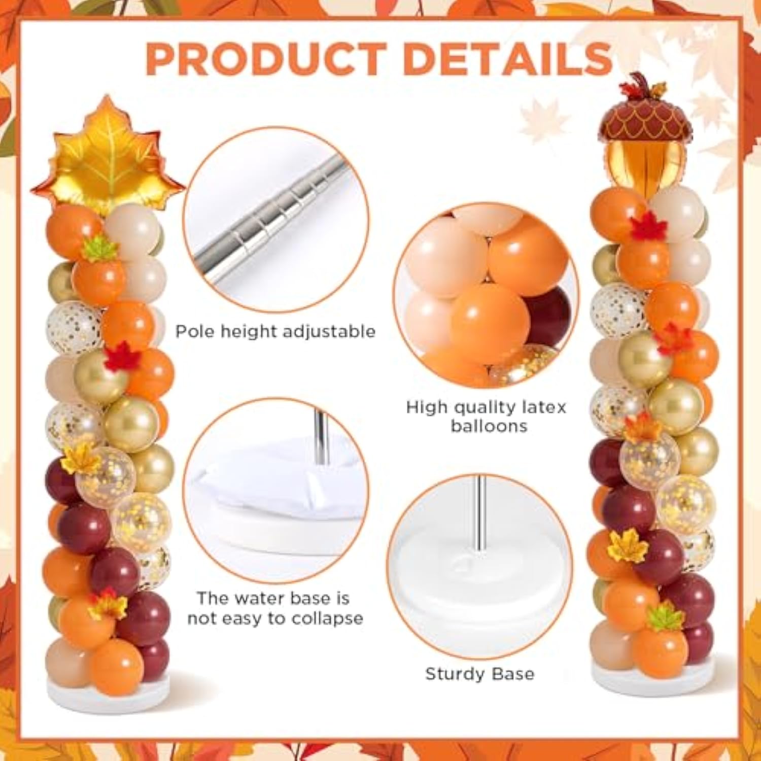 2 Sets Fall Balloon Column Stand Kit Backdrop with Maple Leaf Balloons Party Decor