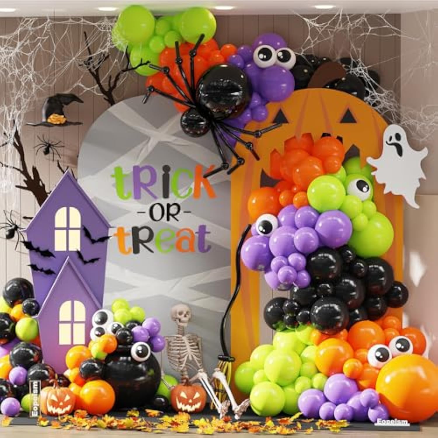 150Pcs Halloween Balloon Arch Kit - Orange, Green, Purple Garland with Eye & Spider