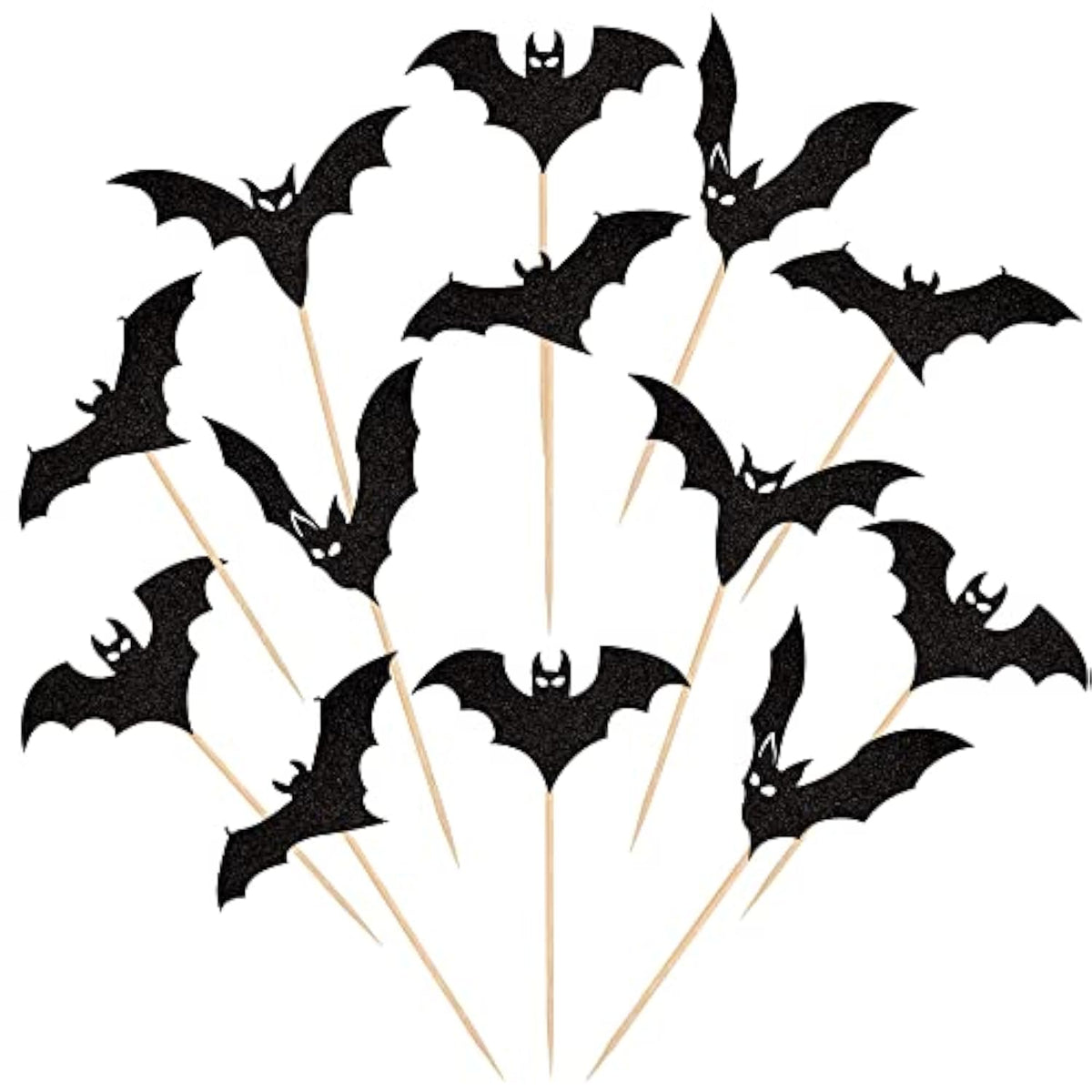 24 Pcs Black Glitter Bat Cupcake Toppers - Halloween Cupcake Picks For Baby Shower, Kids Birthday Party Cake Decorations