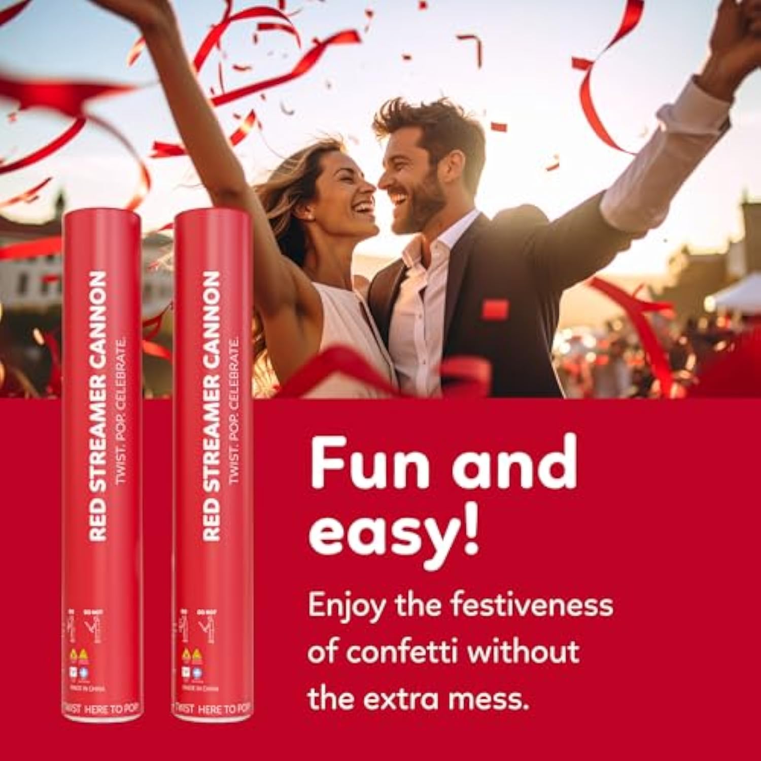2 Pack Streamer Cannon Confetti Poppers | Biodegradable Red Confetti | | Launches Up To 25Ft | Giant (12 In) | Party Poppers For Graduation, Birthdays, Weddings, Valentine'S